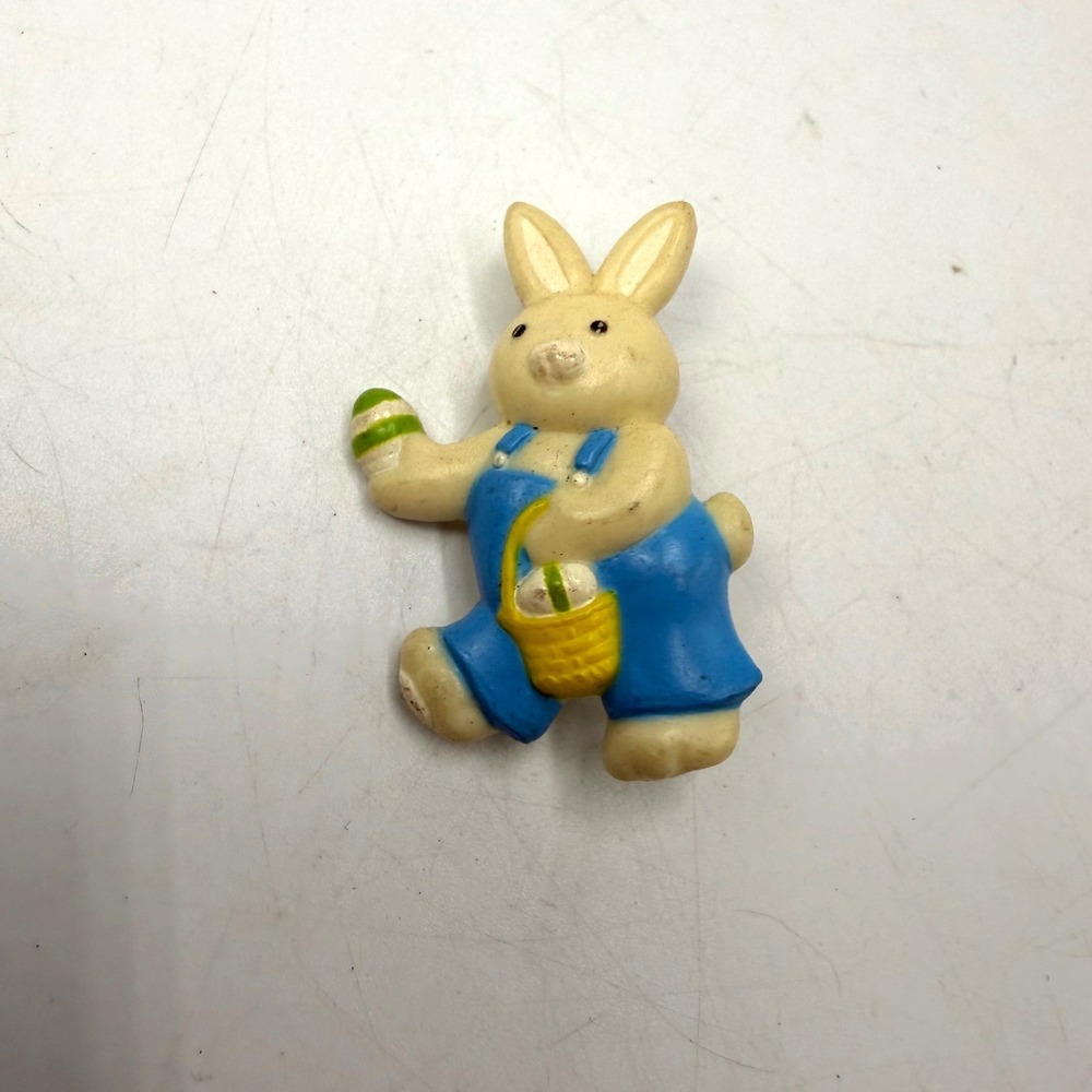 Vintage Gibson Greetings Easter Bunny Brooch Blue Overalls Plastic Holiday Pin
